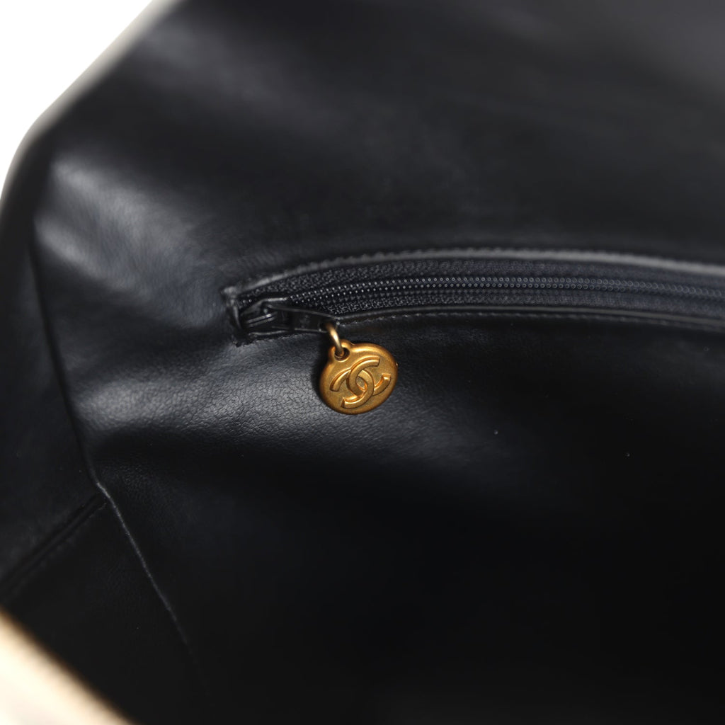 Vintage Chanel Large Logo Boston Bag Black and White Calfskin Gold Hardware