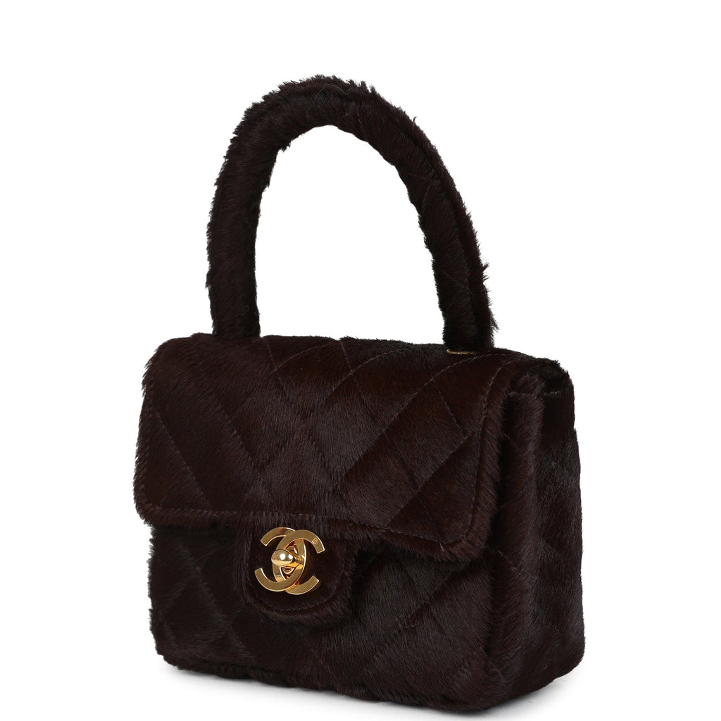New Chanel Micro Kelly Child Dark Brown Pony Hair Gold Hardware