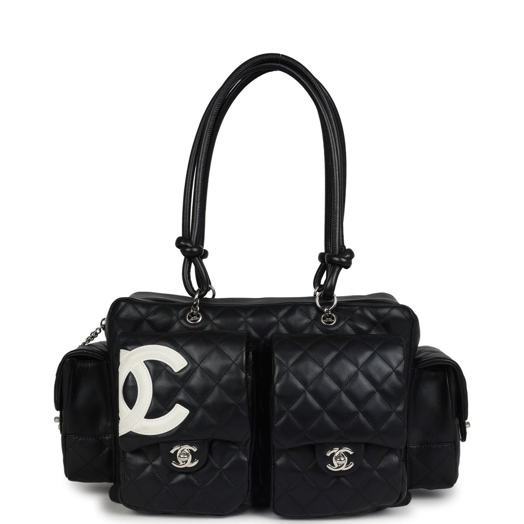Vintage Chanel Large Cambon Ligne Reporter Bag Black and White Lambskin Silver Hardware