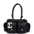 Vintage Chanel Large Cambon Ligne Reporter Bag Black and White Lambskin Silver Hardware
