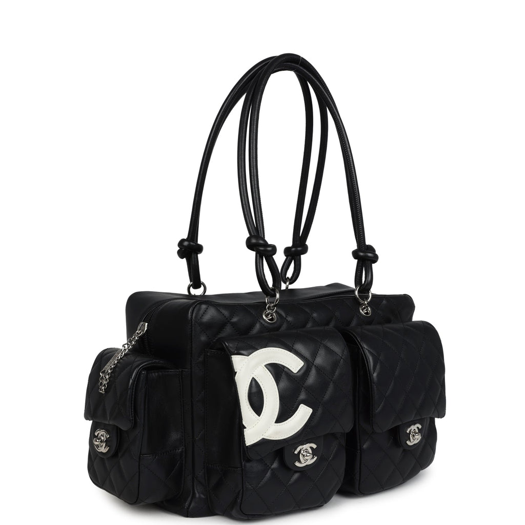 Vintage Chanel Large Cambon Ligne Reporter Bag Black and White Lambskin Silver Hardware