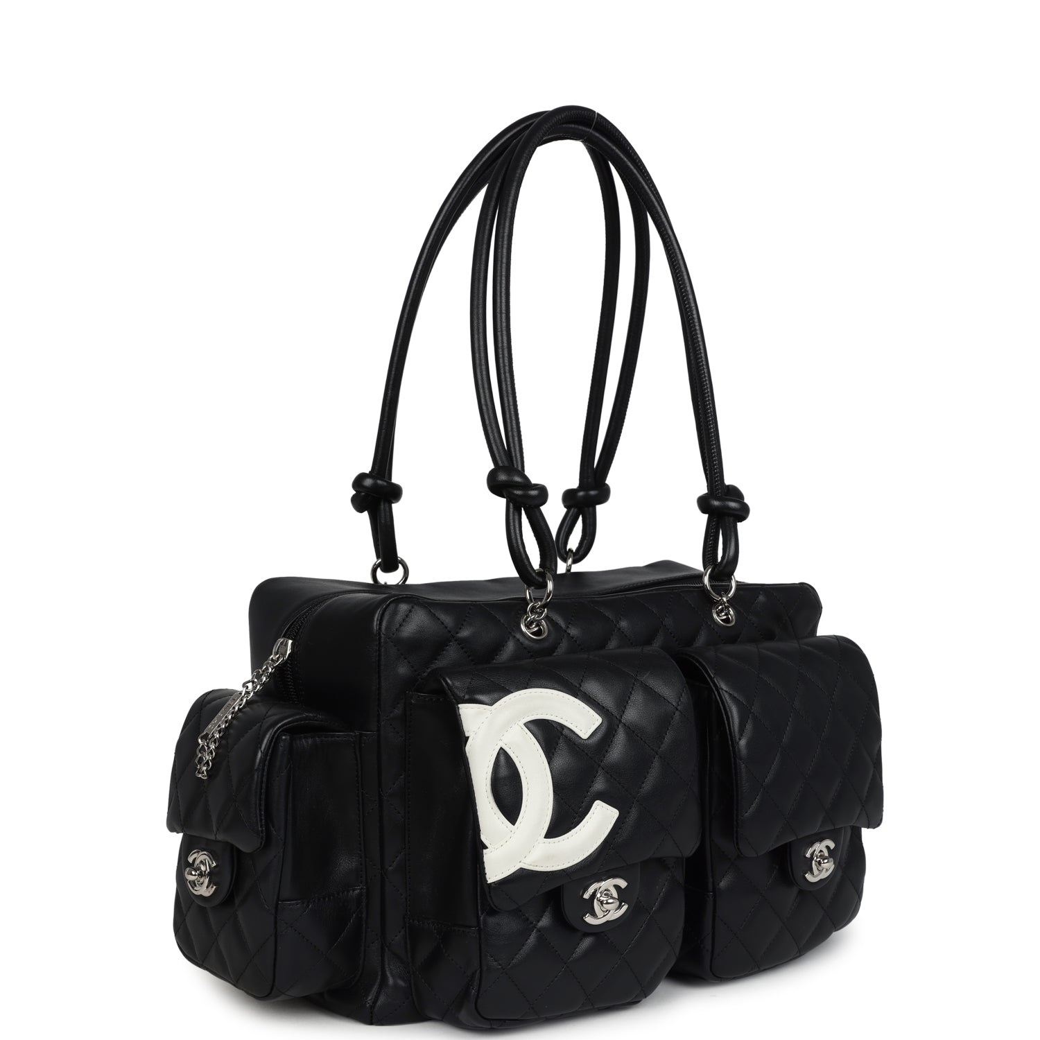 Vintage Chanel Large Cambon Ligne Reporter Bag Black and White Lambskin Silver Hardware