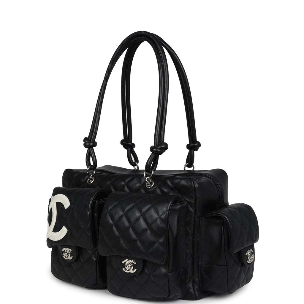 Vintage Chanel Large Cambon Ligne Reporter Bag Black and White Lambskin Silver Hardware