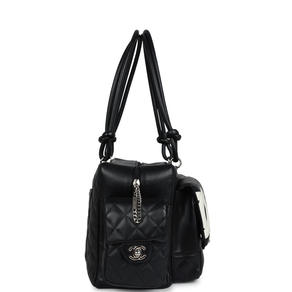 Vintage Chanel Large Cambon Ligne Reporter Bag Black and White Lambskin Silver Hardware