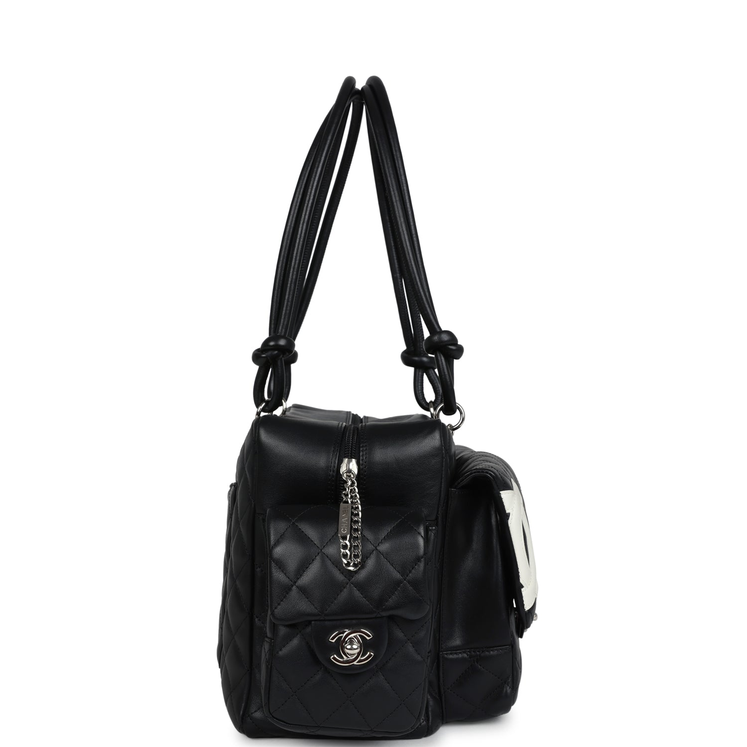 Vintage Chanel Large Cambon Ligne Reporter Bag Black and White Lambskin Silver Hardware