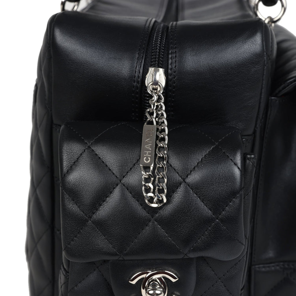 Vintage Chanel Large Cambon Ligne Reporter Bag Black and White Lambskin Silver Hardware