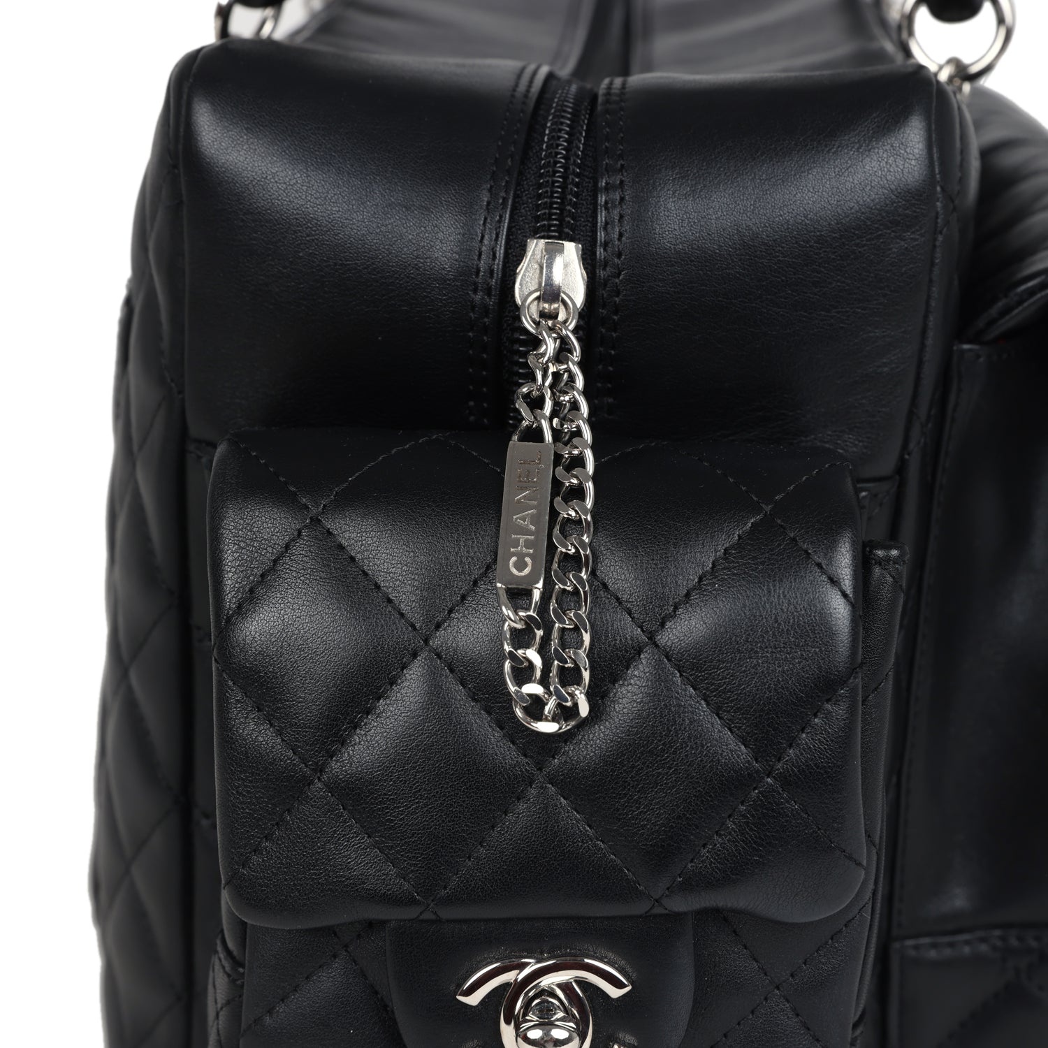 Vintage Chanel Large Cambon Ligne Reporter Bag Black and White Lambskin Silver Hardware