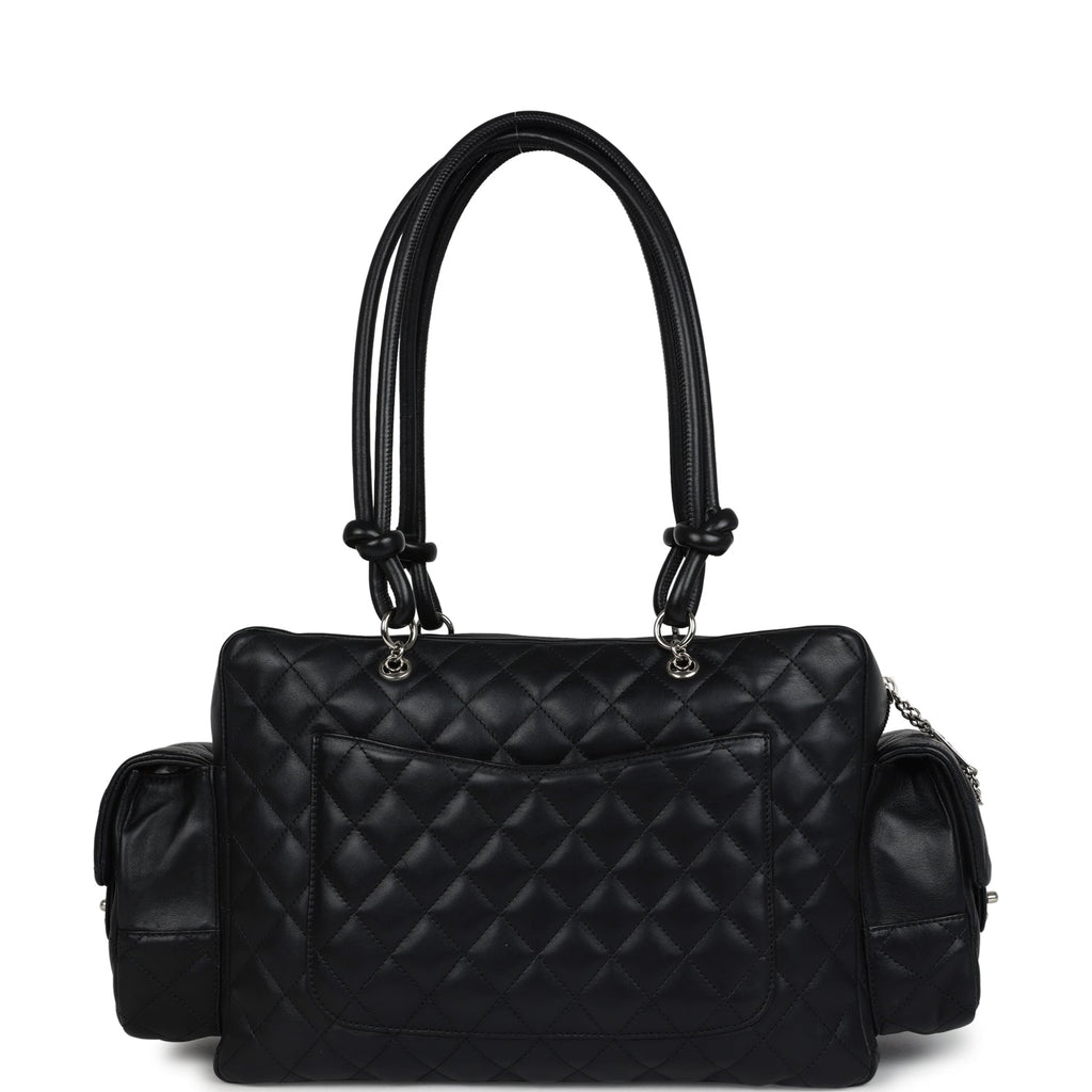 Vintage Chanel Large Cambon Ligne Reporter Bag Black and White Lambskin Silver Hardware
