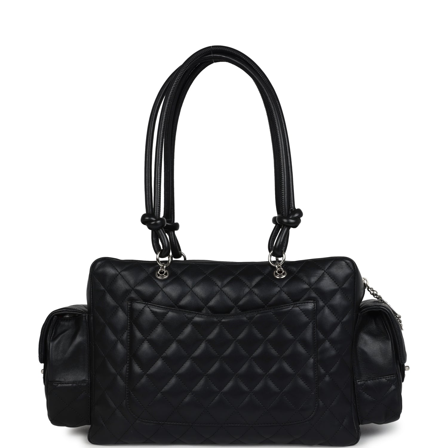 Vintage Chanel Large Cambon Ligne Reporter Bag Black and White Lambskin Silver Hardware