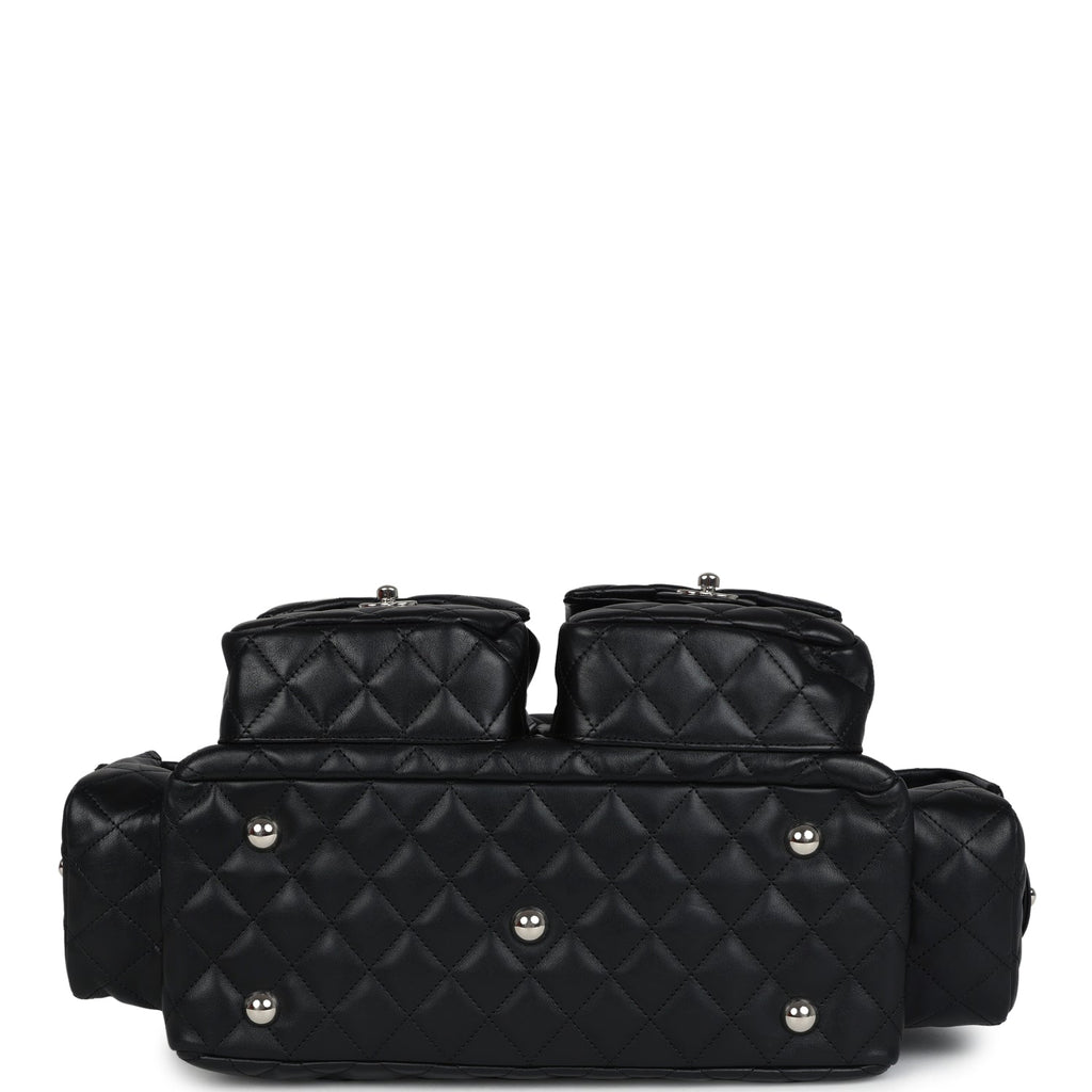 Vintage Chanel Large Cambon Ligne Reporter Bag Black and White Lambskin Silver Hardware