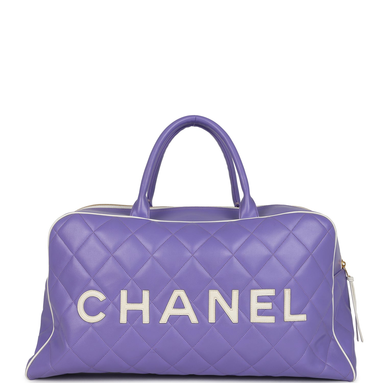 Vintage Chanel Large Logo Boston Bag Light Purple and White Lambskin Gold Hardware