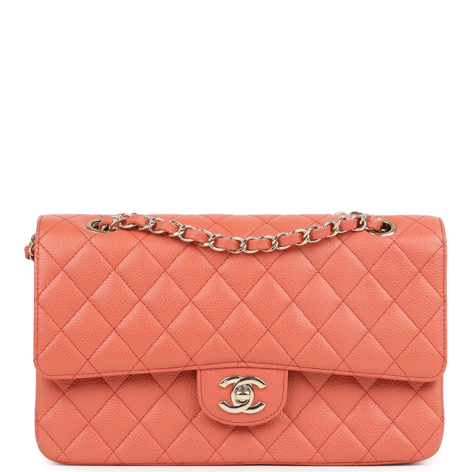 New Chanel Medium Classic Double Flap Coral Caviar Light Gold Hardware