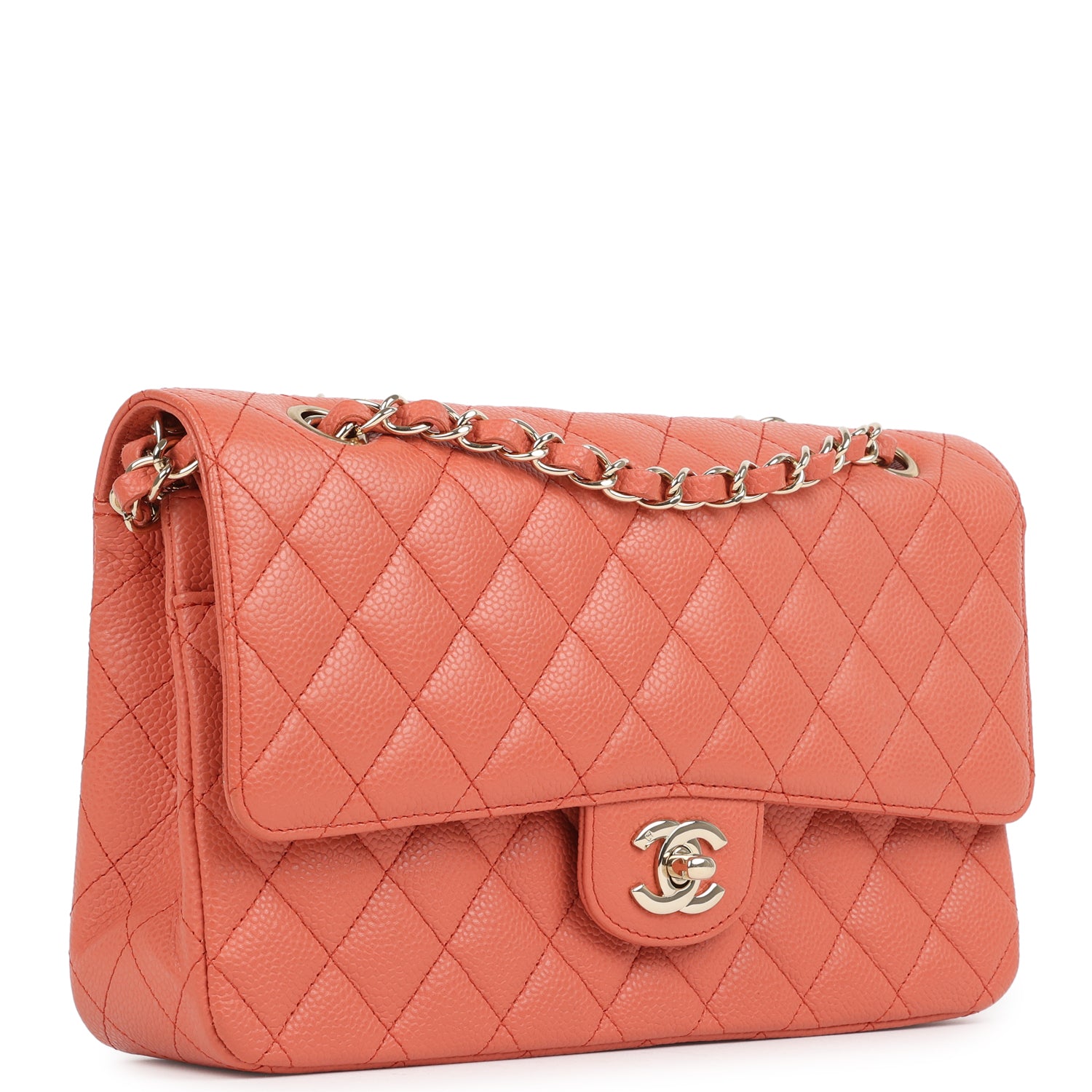 New Chanel Medium Classic Double Flap Coral Caviar Light Gold Hardware