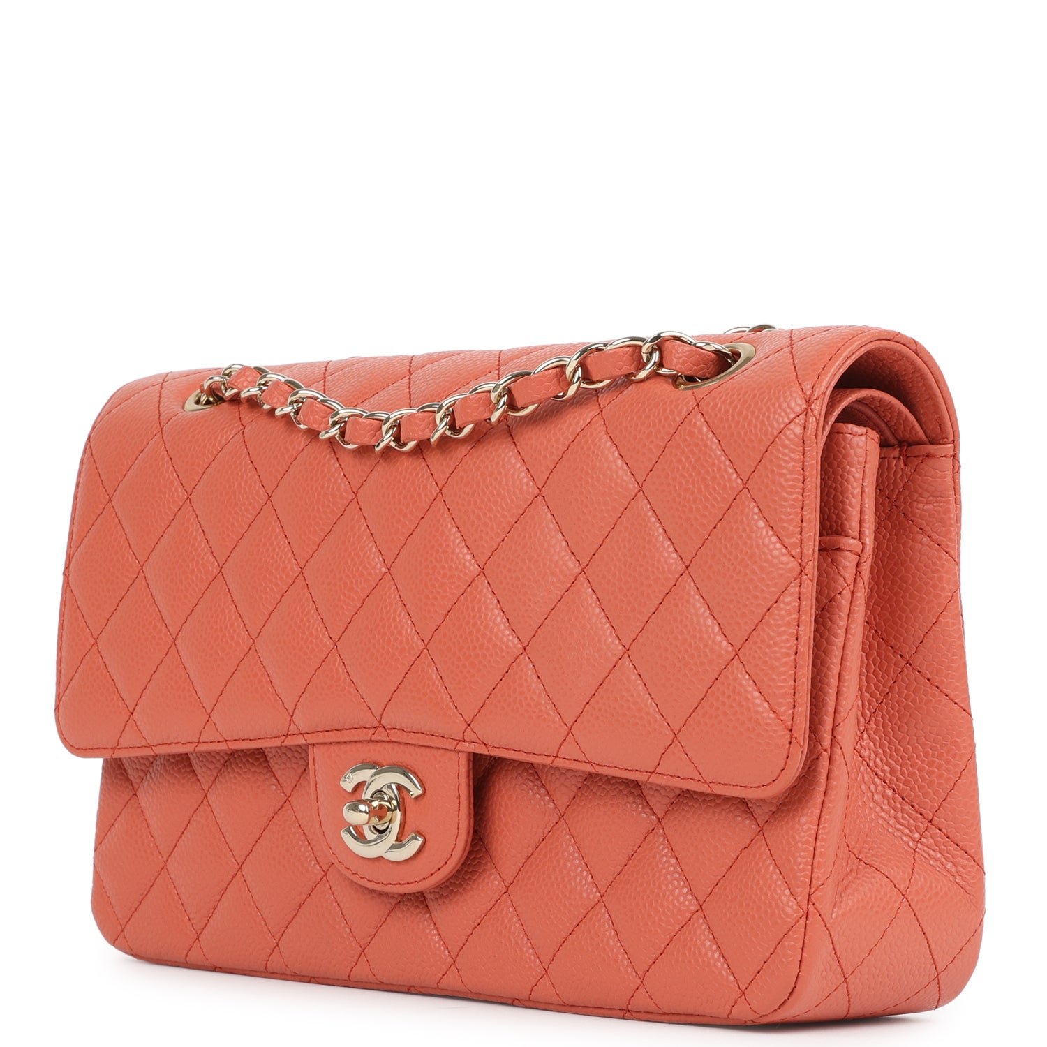 New Chanel Medium Classic Double Flap Coral Caviar Light Gold Hardware