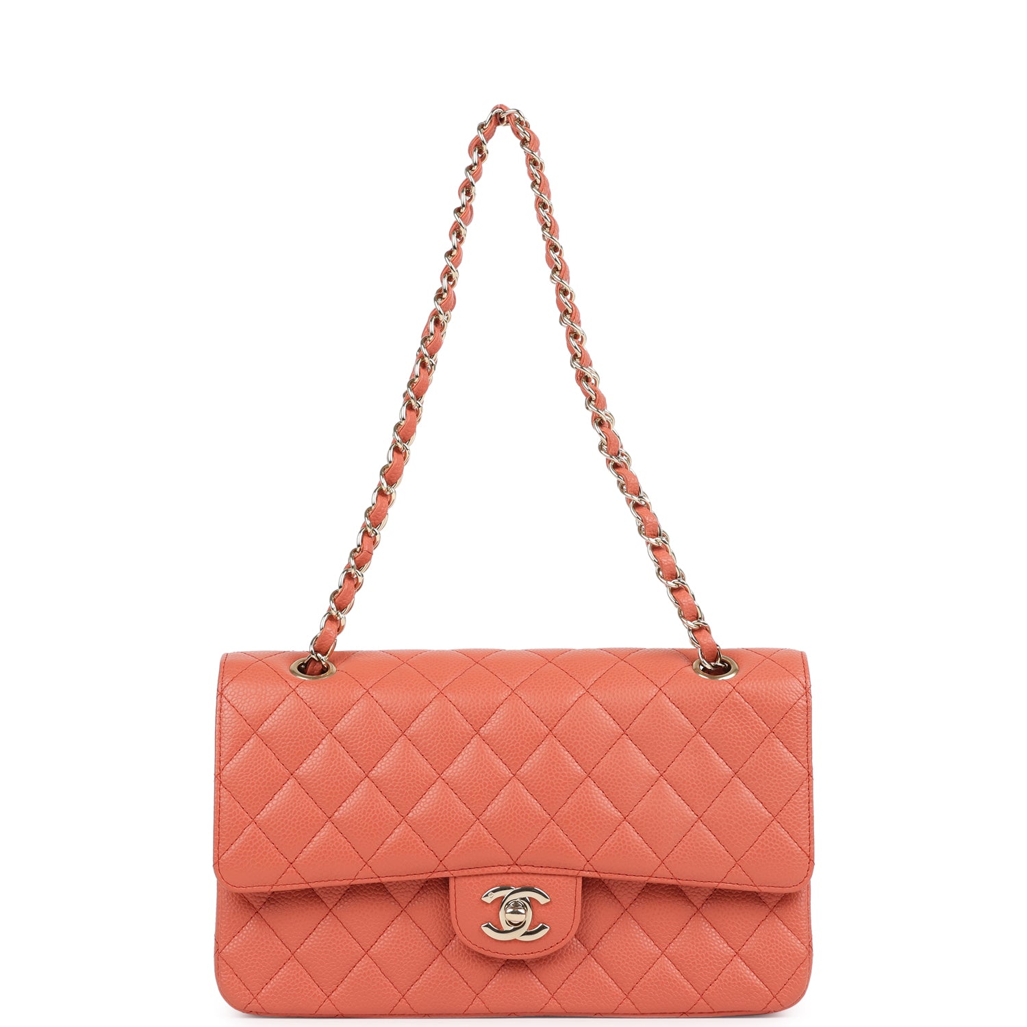 New Chanel Medium Classic Double Flap Coral Caviar Light Gold Hardware