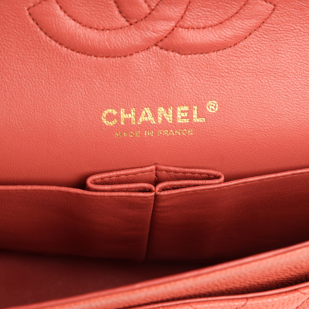 New Chanel Medium Classic Double Flap Coral Caviar Light Gold Hardware