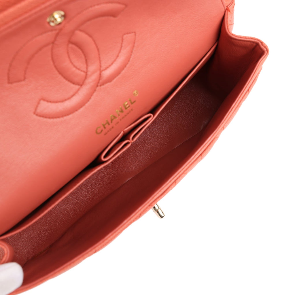 New Chanel Medium Classic Double Flap Coral Caviar Light Gold Hardware