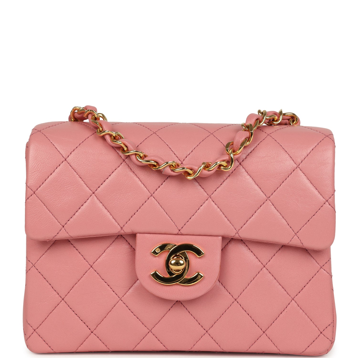 New Chanel Mini Square Flap Dark Pink Lambskin Gold Hardware
