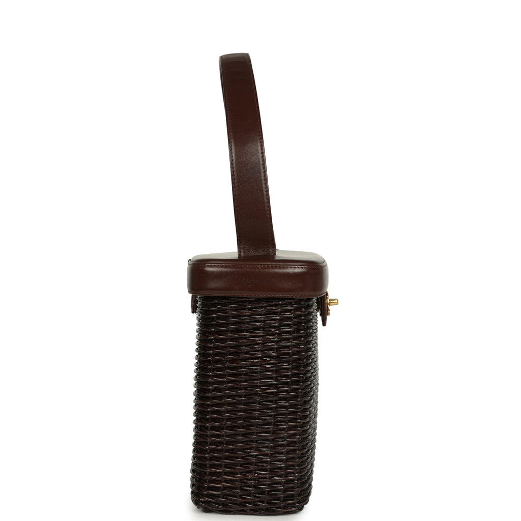 Vintage Chanel Wicker Picnic Basket Handbag Dark Brown Lambskin and Wicker Gold Hardware