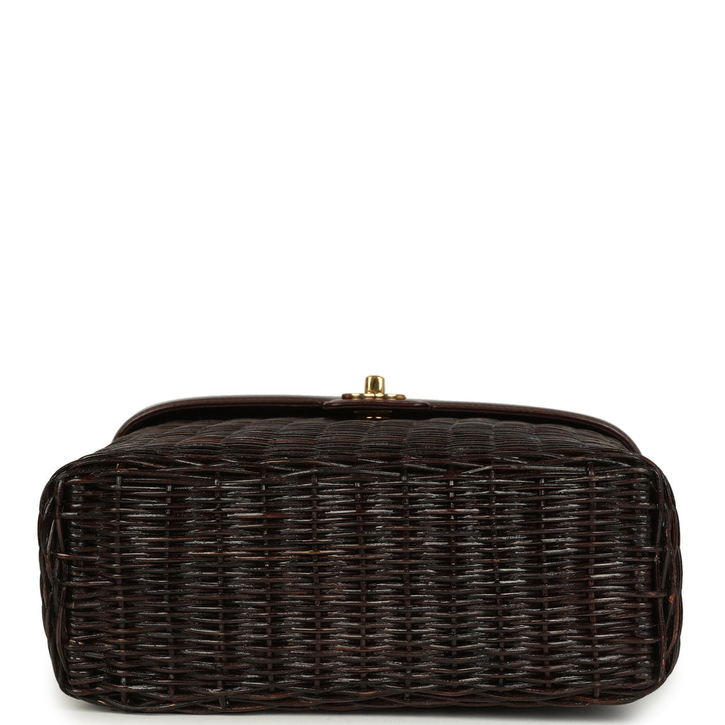 Vintage Chanel Wicker Picnic Basket Handbag Dark Brown Lambskin and Wicker Gold Hardware