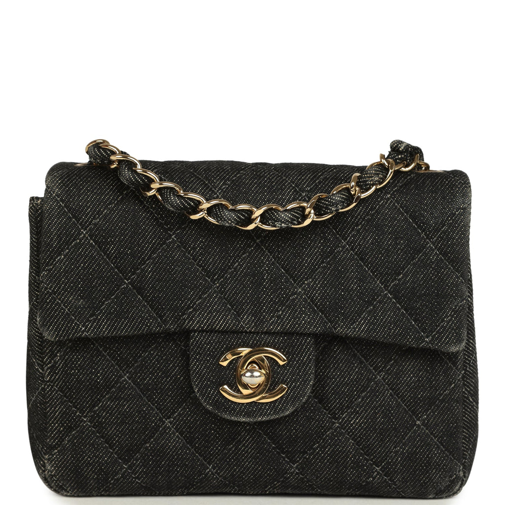 New Chanel Mini Square Flap Bag Black Denim Gold Hardware