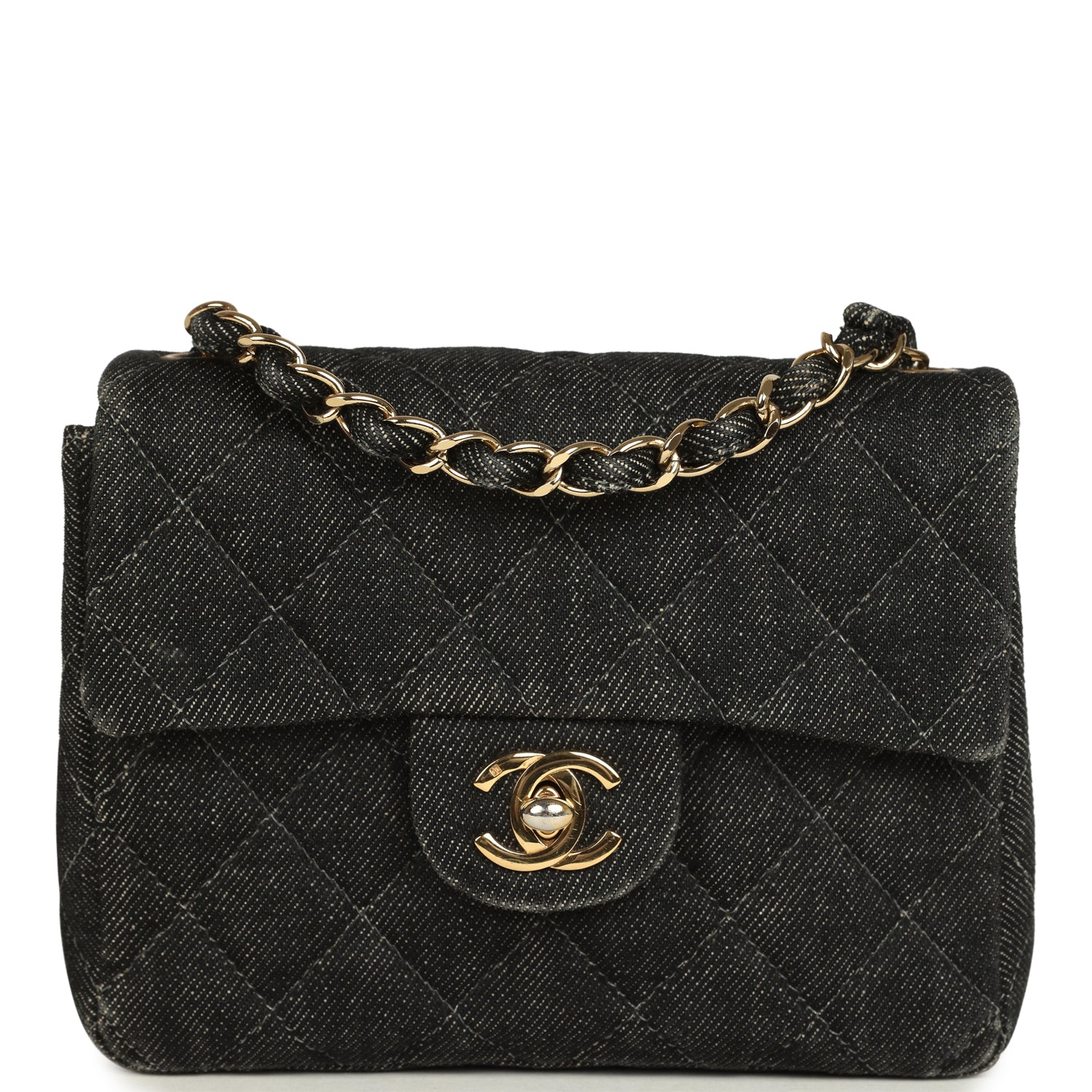 New Chanel Mini Square Flap Bag Black Denim Gold Hardware