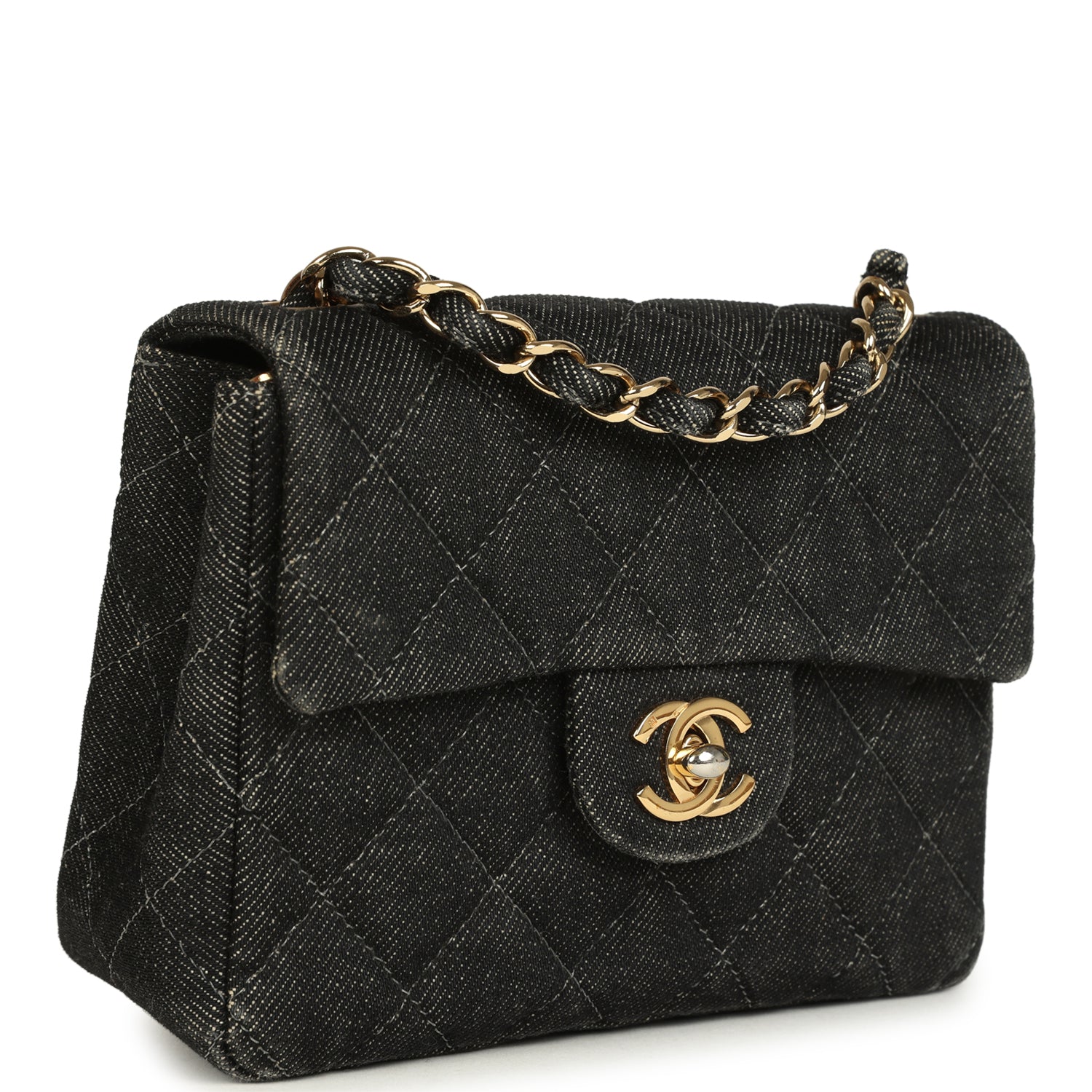 New Chanel Mini Square Flap Bag Black Denim Gold Hardware