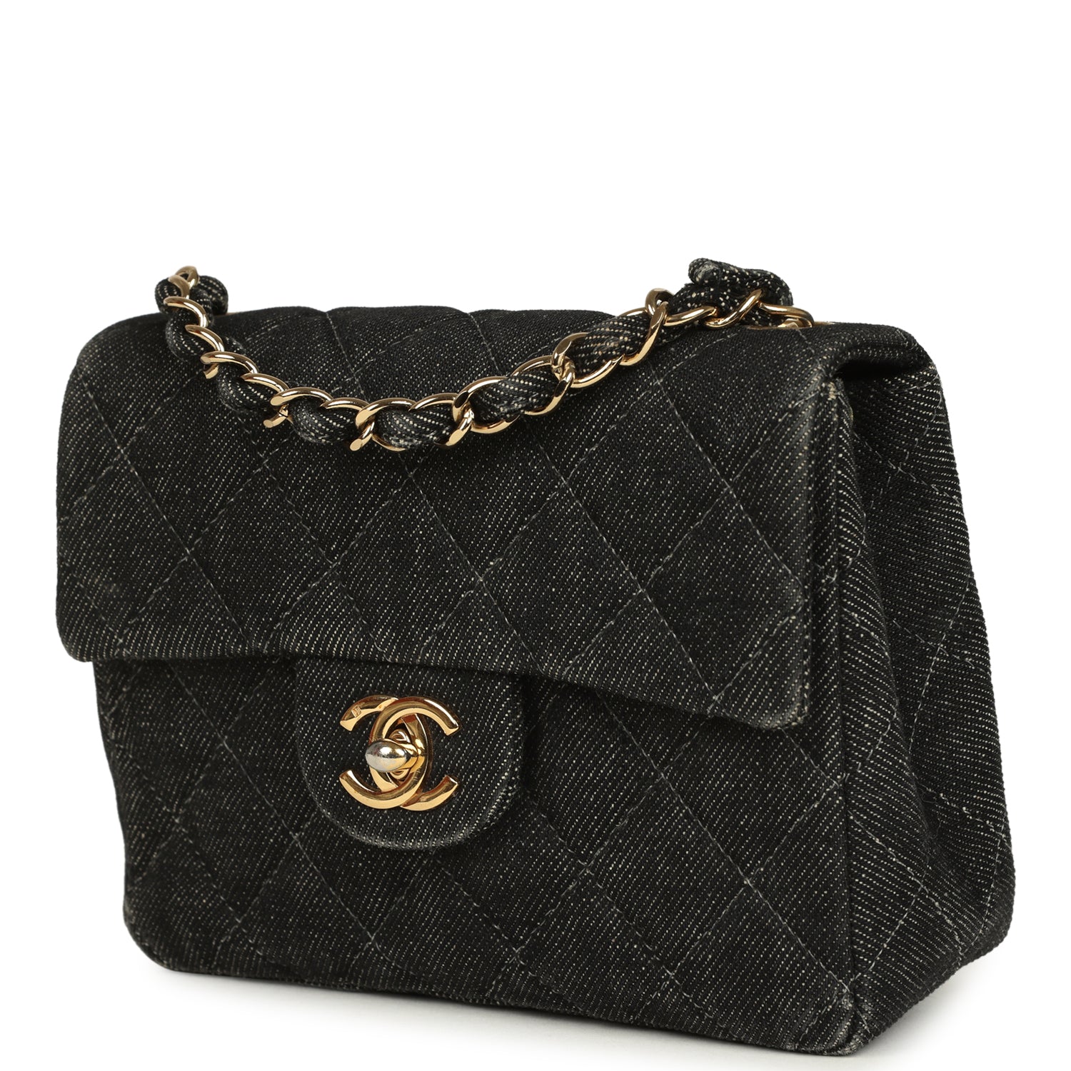 New Chanel Mini Square Flap Bag Black Denim Gold Hardware