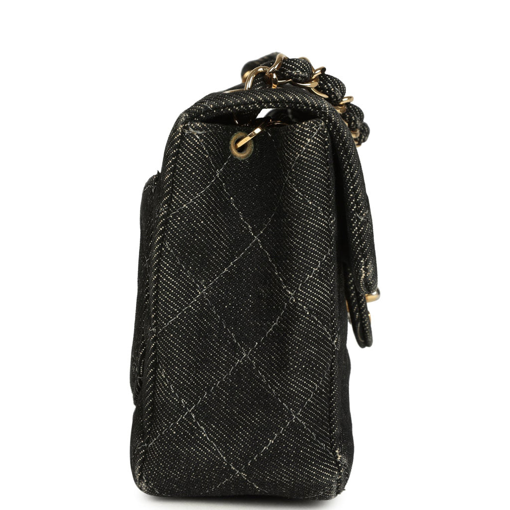 New Chanel Mini Square Flap Bag Black Denim Gold Hardware