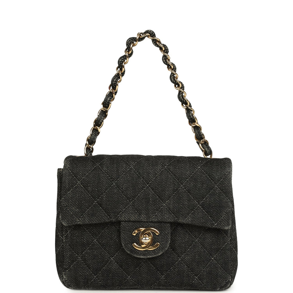New Chanel Mini Square Flap Bag Black Denim Gold Hardware