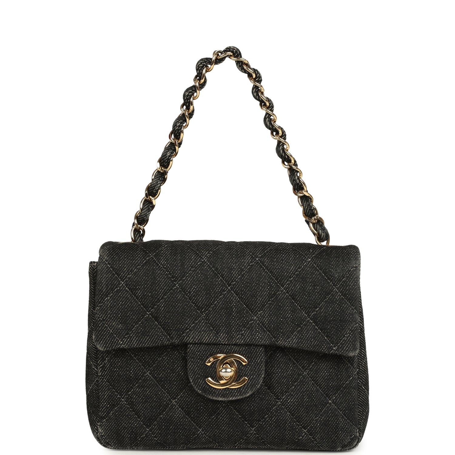 New Chanel Mini Square Flap Bag Black Denim Gold Hardware