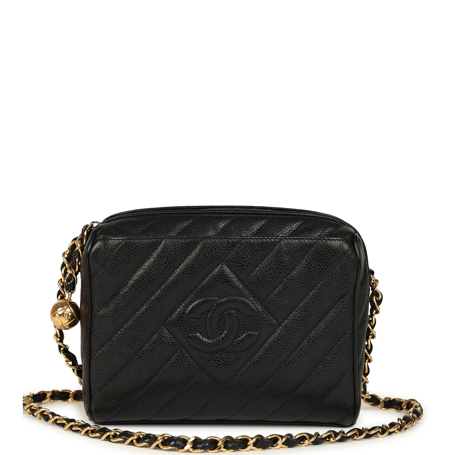 New Chanel Mini Diagonal Quilted Camera Bag Black Caviar Gold Hardware