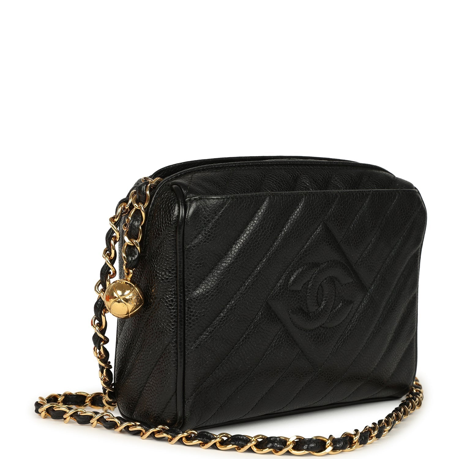 New Chanel Mini Diagonal Quilted Camera Bag Black Caviar Gold Hardware