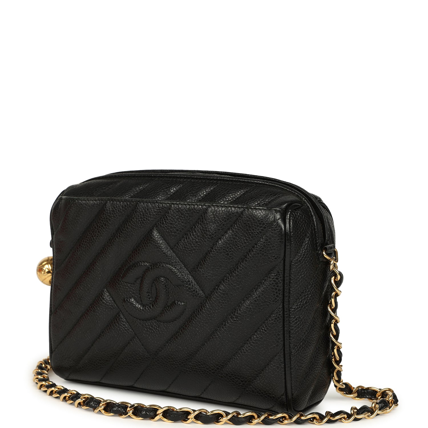 New Chanel Mini Diagonal Quilted Camera Bag Black Caviar Gold Hardware