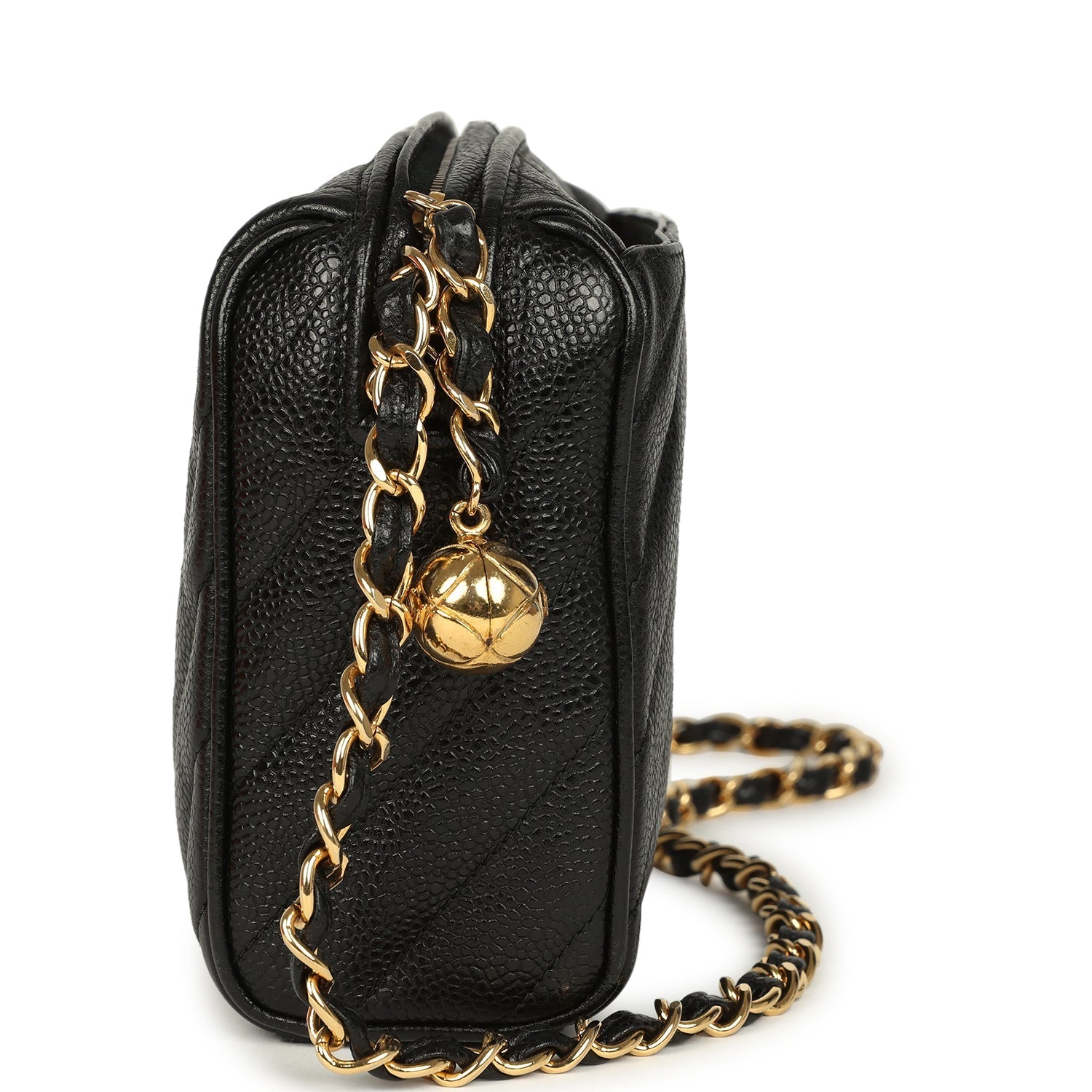 New Chanel Mini Diagonal Quilted Camera Bag Black Caviar Gold Hardware