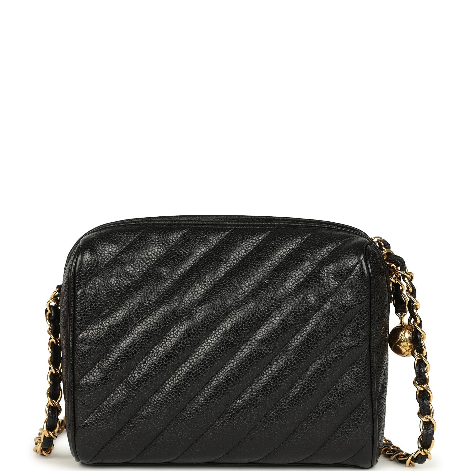 New Chanel Mini Diagonal Quilted Camera Bag Black Caviar Gold Hardware