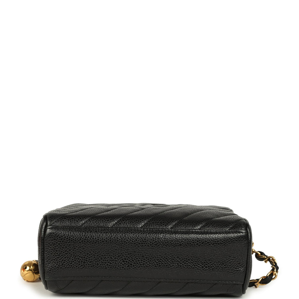 New Chanel Mini Diagonal Quilted Camera Bag Black Caviar Gold Hardware