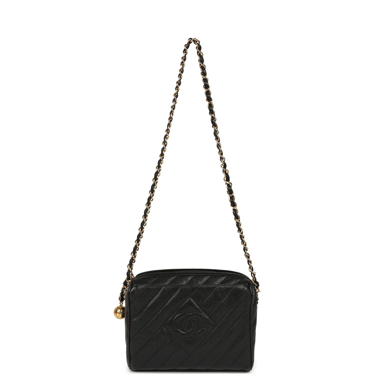 New Chanel Mini Diagonal Quilted Camera Bag Black Caviar Gold Hardware