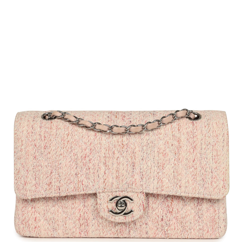 New Chanel Medium Classic Double Flap Bag Light Pink and White Tweed Silver Hardware