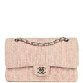 New Chanel Medium Classic Double Flap Bag Light Pink and White Tweed Silver Hardware
