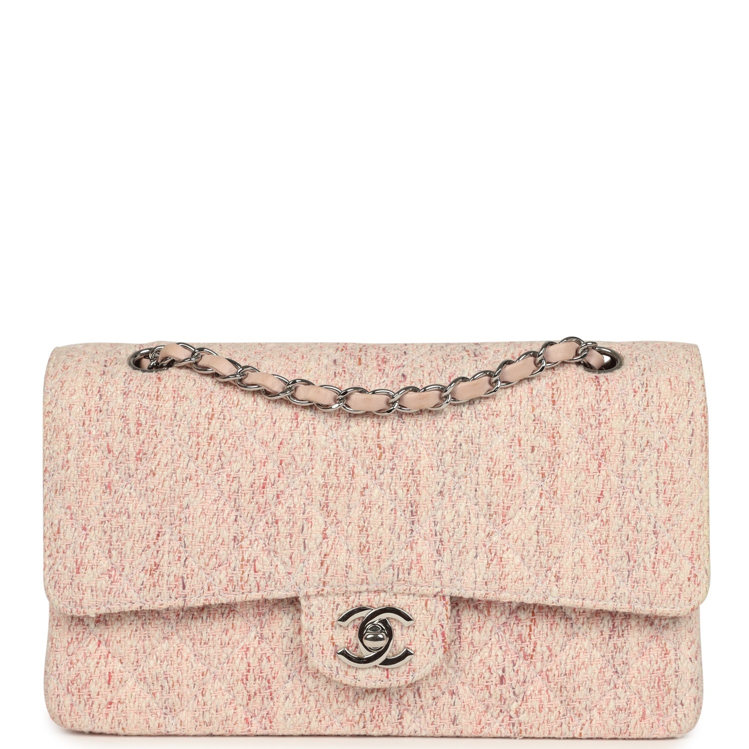 New Chanel Medium Classic Double Flap Bag Light Pink and White Tweed Silver Hardware
