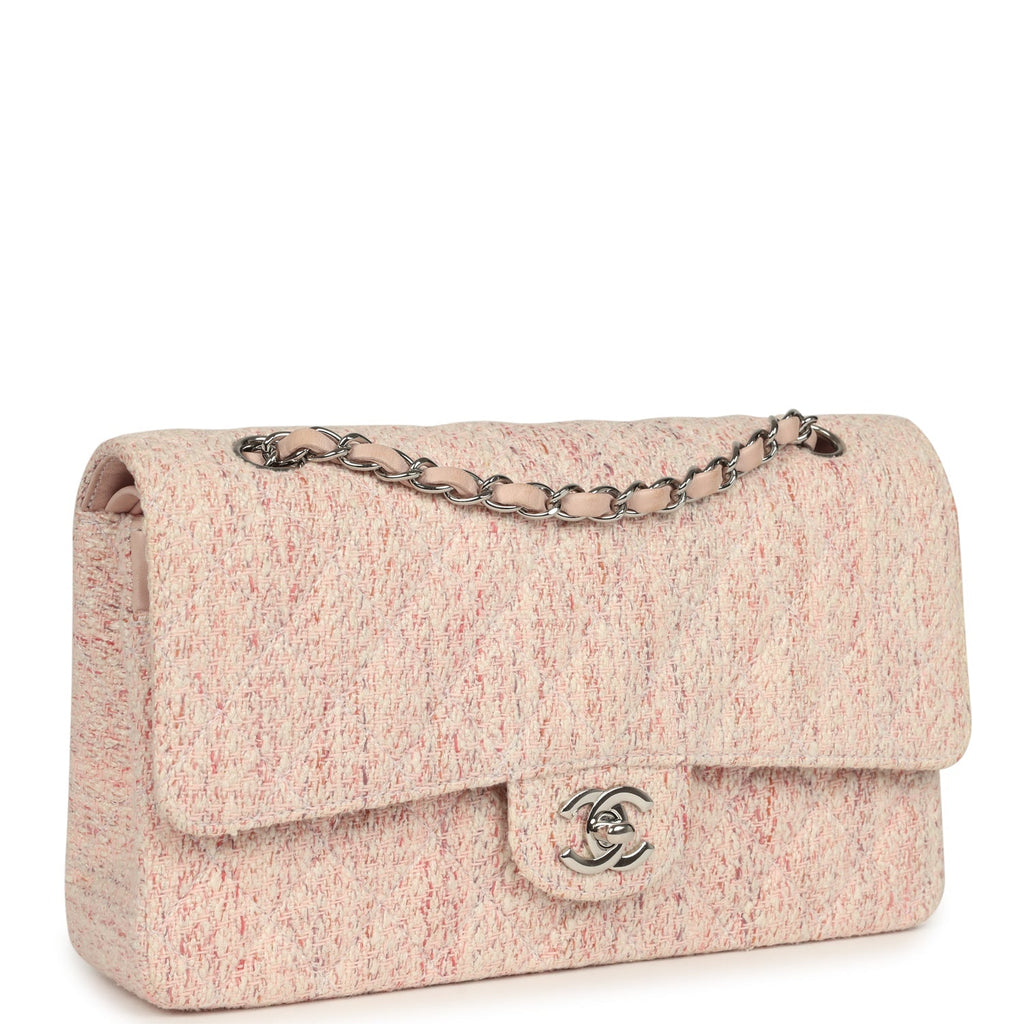 New Chanel Medium Classic Double Flap Bag Light Pink and White Tweed Silver Hardware