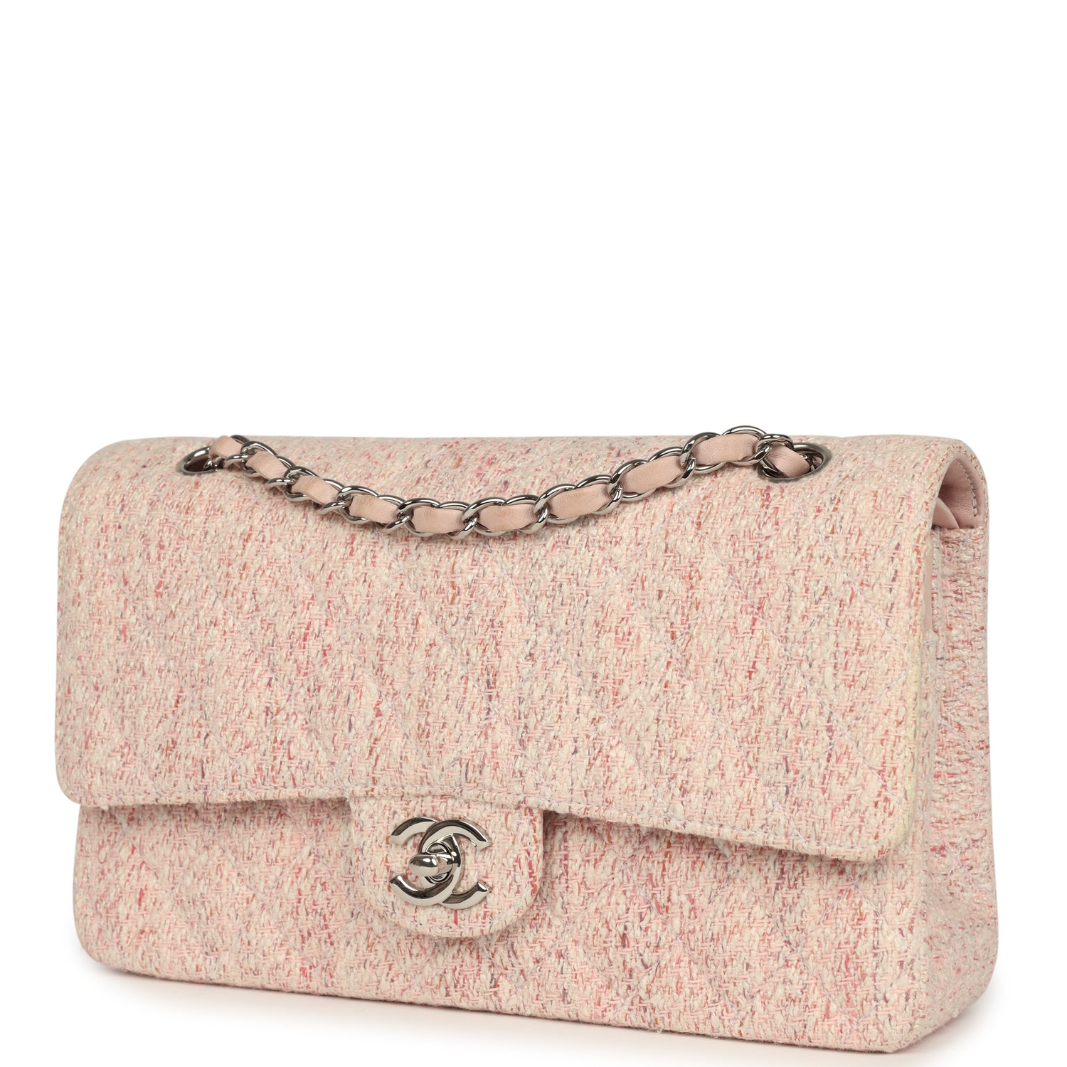 New Chanel Medium Classic Double Flap Bag Light Pink and White Tweed Silver Hardware