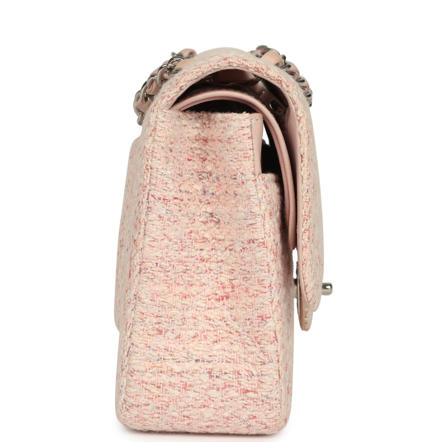 New Chanel Medium Classic Double Flap Bag Light Pink and White Tweed Silver Hardware
