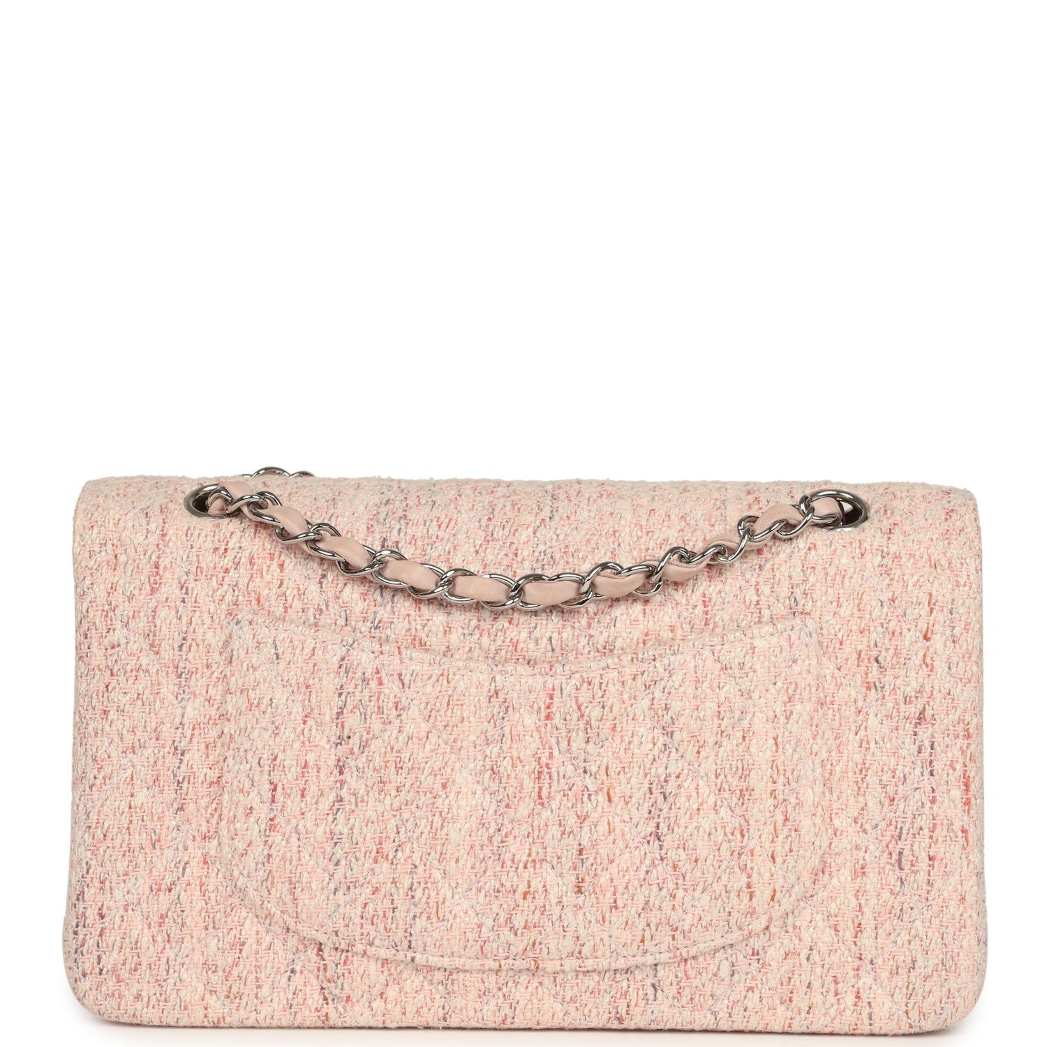 New Chanel Medium Classic Double Flap Bag Light Pink and White Tweed Silver Hardware