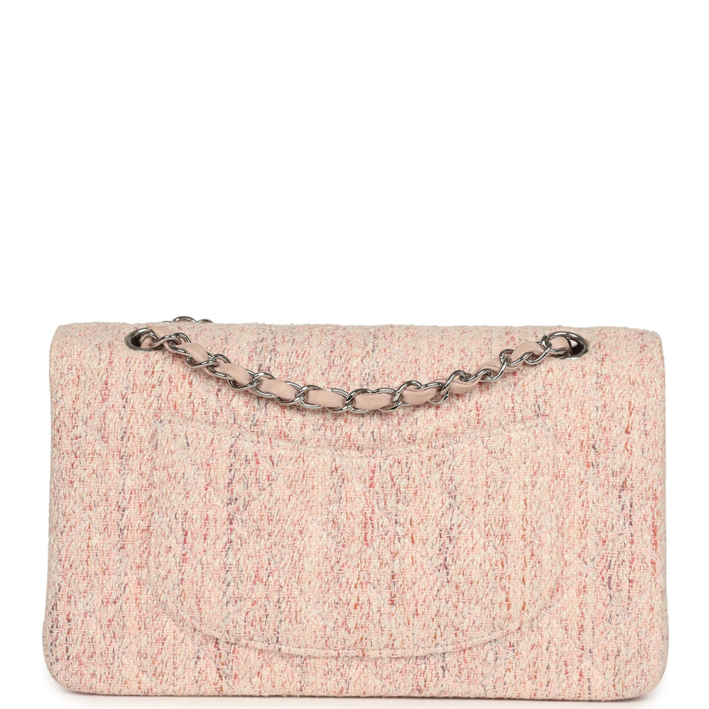 Vintage Chanel Medium Classic Double Flap Bag Light Pink and White Tweed Silver Hardware
