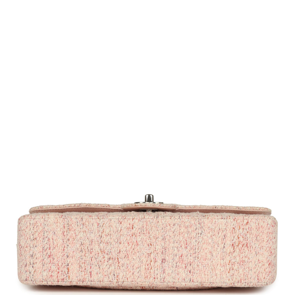 Vintage Chanel Medium Classic Double Flap Bag Light Pink and White Tweed Silver Hardware
