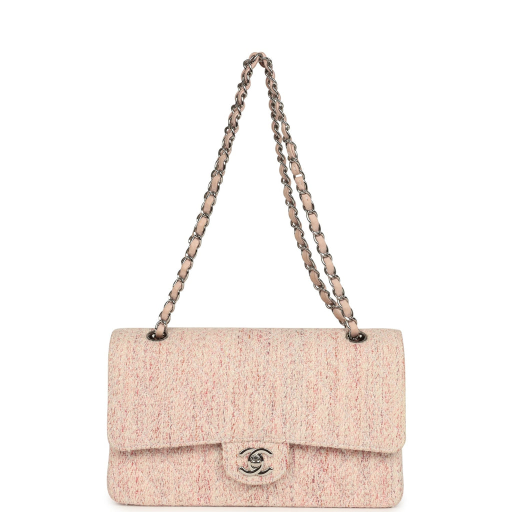 New Chanel Medium Classic Double Flap Bag Light Pink and White Tweed Silver Hardware