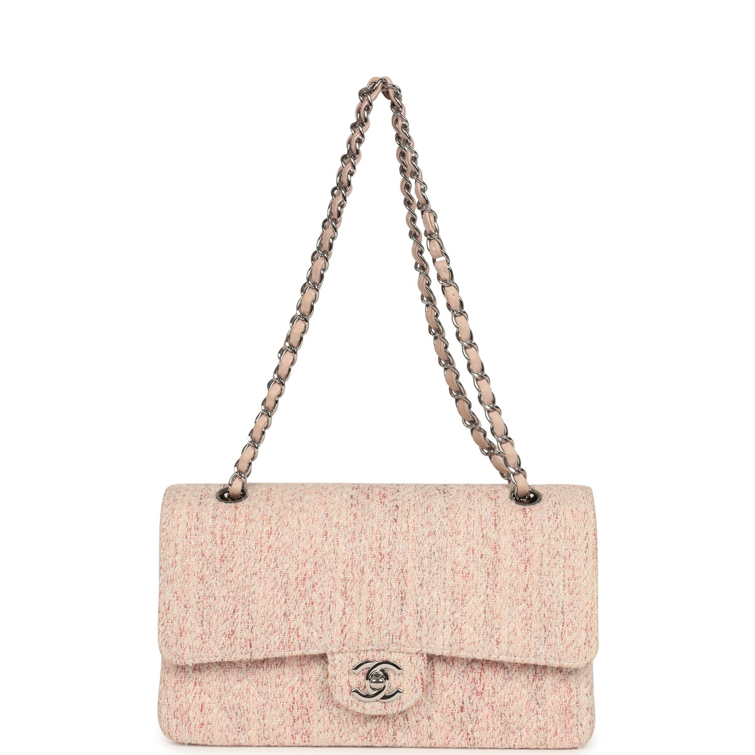 New Chanel Medium Classic Double Flap Bag Light Pink and White Tweed Silver Hardware