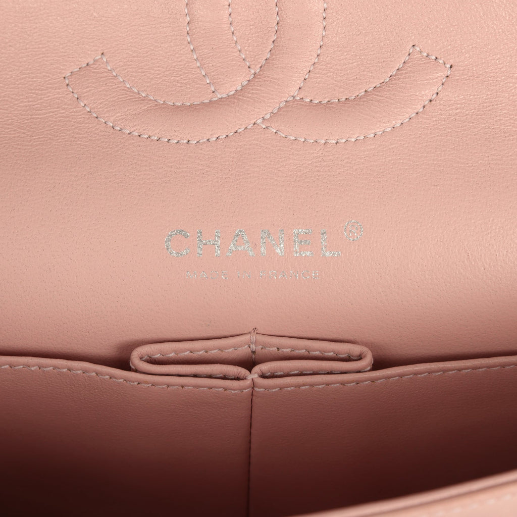 Vintage Chanel Medium Classic Double Flap Bag Light Pink and White Tweed Silver Hardware